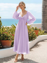 Chiffon A Line Pleated Bridesmaid Dresses with Long Sleeves