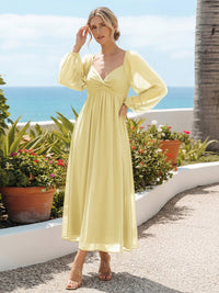 Chiffon A Line Pleated Bridesmaid Dresses with Long Sleeves