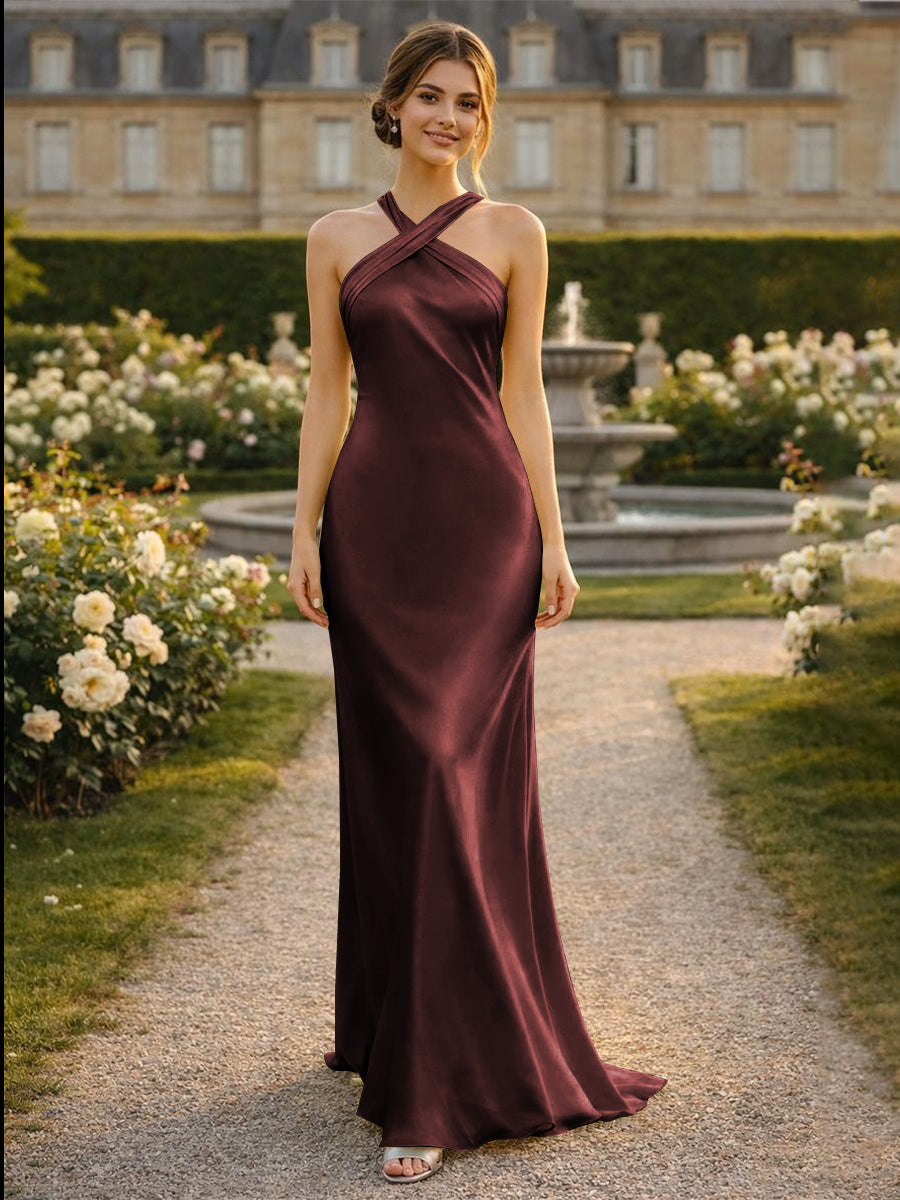 Satin Halter Mermaid Floor Length Bridesmaid Dresses