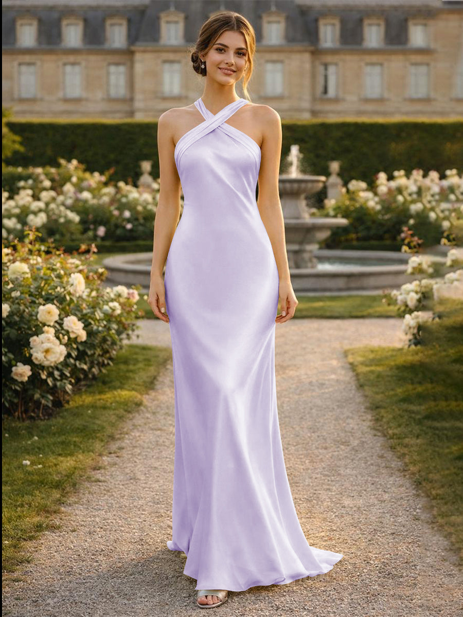 Satin Halter Mermaid Floor Length Bridesmaid Dresses