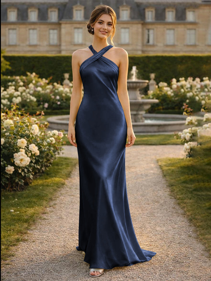 Satin Halter Mermaid Floor Length Bridesmaid Dresses