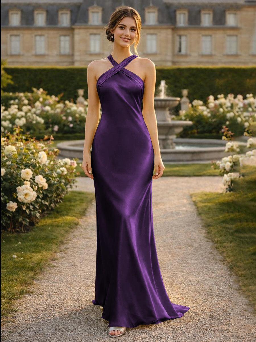 Satin Halter Mermaid Floor Length Bridesmaid Dresses