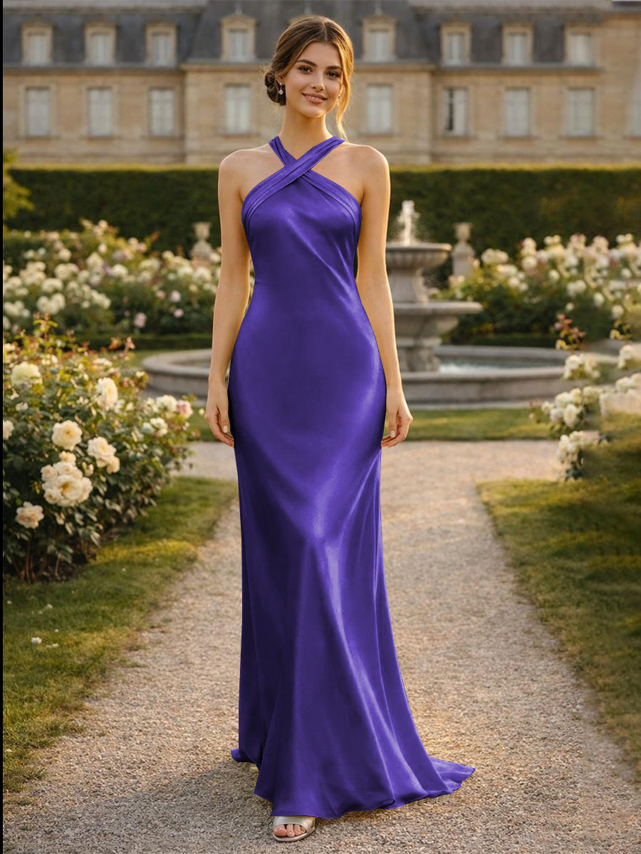Satin Halter Mermaid Floor Length Bridesmaid Dresses