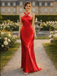 Satin Halter Mermaid Floor Length Bridesmaid Dresses