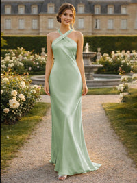 Satin Halter Mermaid Floor Length Bridesmaid Dresses