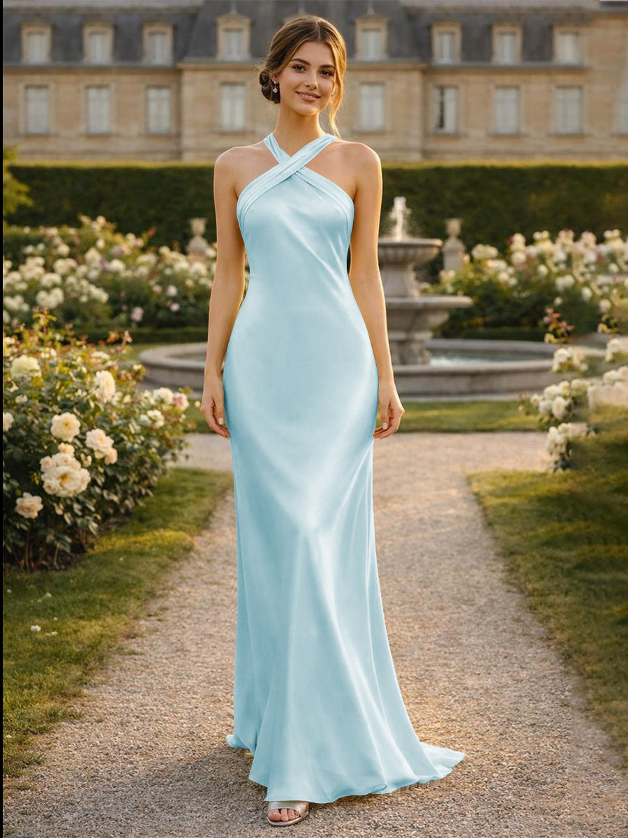 Satin Halter Mermaid Floor Length Bridesmaid Dresses