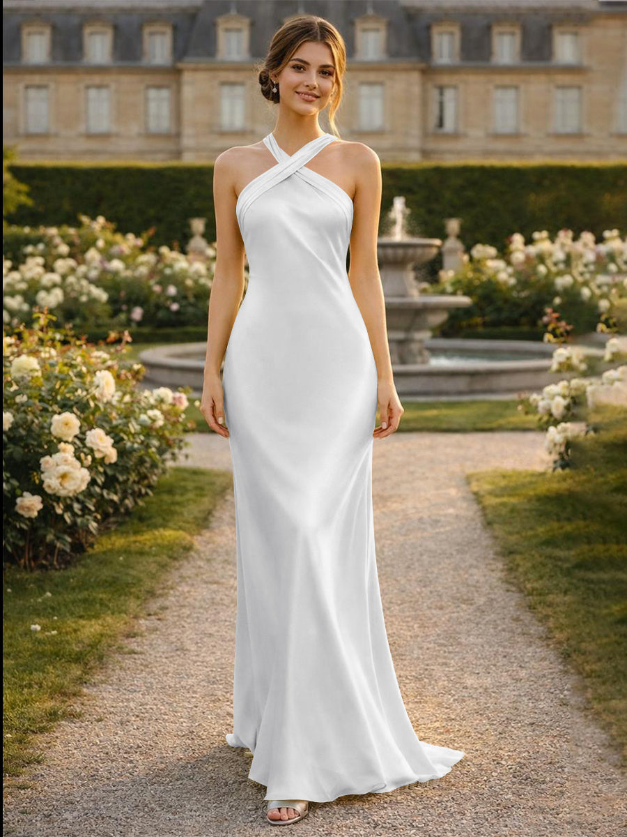 Satin Halter Mermaid Floor Length Bridesmaid Dresses