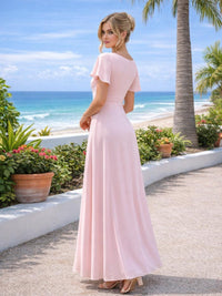 Chiffon V Neck Pleated Bridesmaid Dresses with Slit