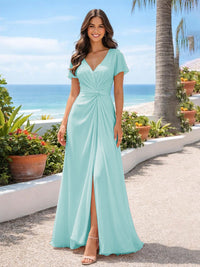 Chiffon V Neck Pleated Bridesmaid Dresses with Slit