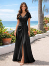 Chiffon V Neck Pleated Bridesmaid Dresses with Slit