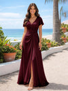 Chiffon V Neck Pleated Bridesmaid Dresses with Slit