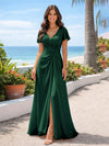 Chiffon V Neck Pleated Bridesmaid Dresses with Slit