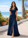 Chiffon V Neck Pleated Bridesmaid Dresses with Slit