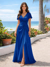 Chiffon V Neck Pleated Bridesmaid Dresses with Slit