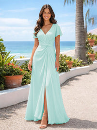 Chiffon V Neck Pleated Bridesmaid Dresses with Slit