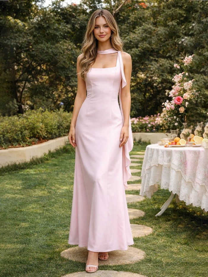 Chiffon Spaghetti Straps Bridesmaid Dresses with Scarf