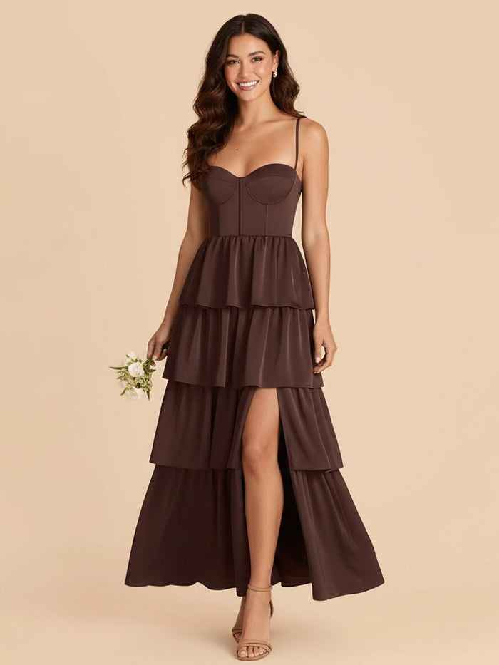 Satin Spaghetti Straps Tiered Bridesmaid Dresses with Slit