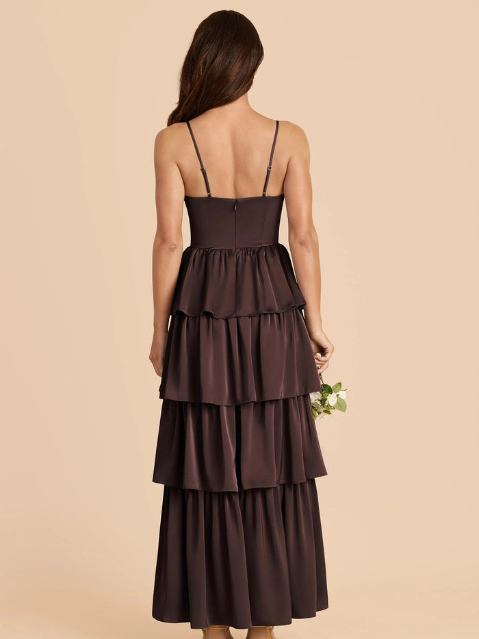 Satin Spaghetti Straps Tiered Bridesmaid Dresses with Slit