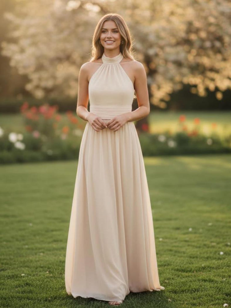 Gracins Champagne Chiffon Halter Pleated A Line Bridesmaid Dresses 2026