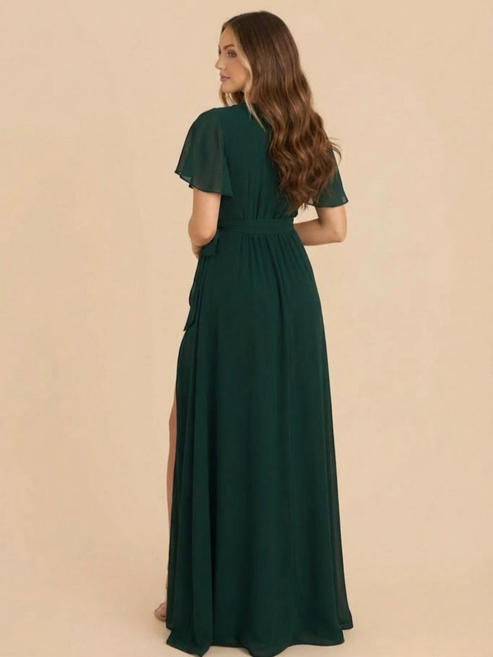 Chiffon V Neck Pleated Bridesmaid Dresses with Slit