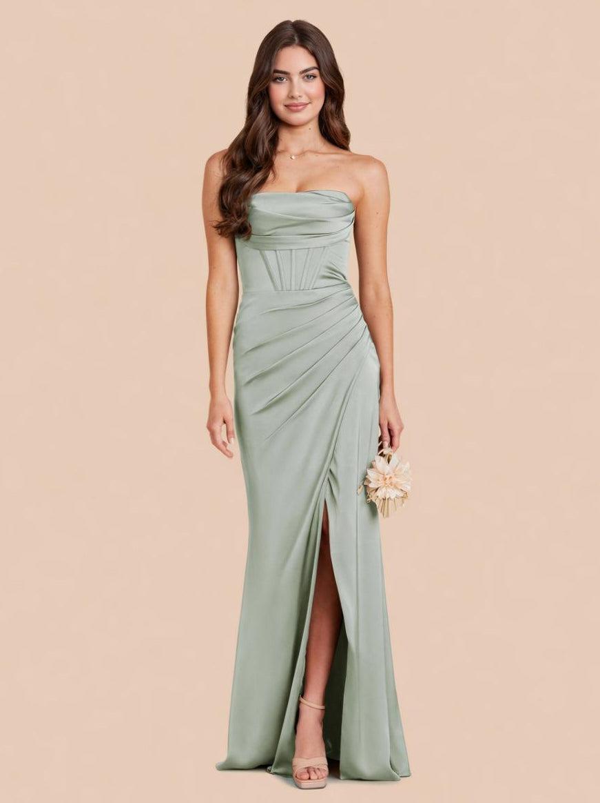 Satin Strapless Bodycon Bridesmaid Dresses with Slit