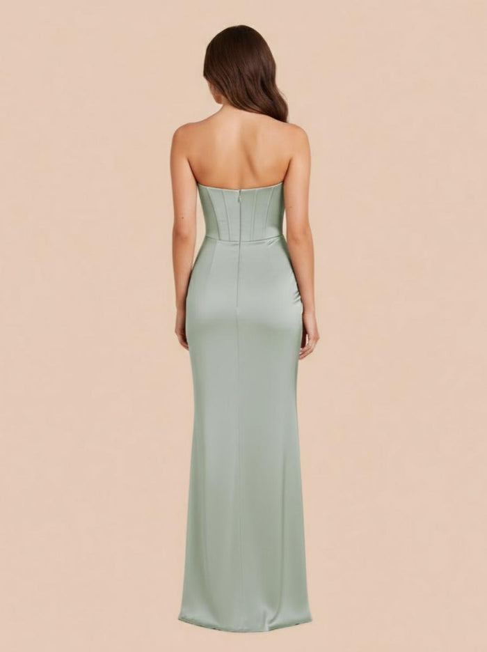 Satin Strapless Bodycon Bridesmaid Dresses with Slit