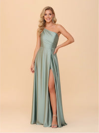 One Shoulder A Line Satin Bridesmaid Dresses with Slit