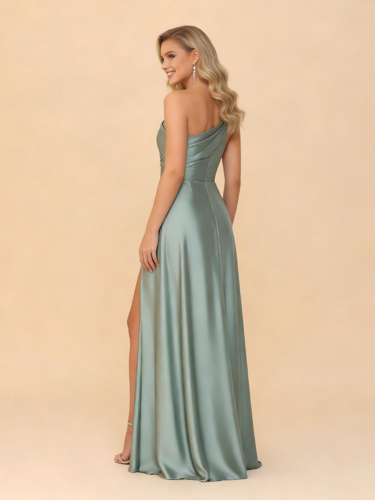 One Shoulder A Line Satin Bridesmaid Dresses with Slit