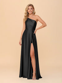 One Shoulder A Line Satin Bridesmaid Dresses with Slit