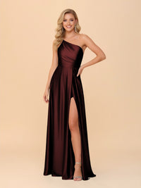 One Shoulder A Line Satin Bridesmaid Dresses with Slit