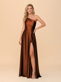 One Shoulder A Line Satin Bridesmaid Dresses with Slit
