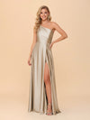 One Shoulder A Line Satin Bridesmaid Dresses with Slit