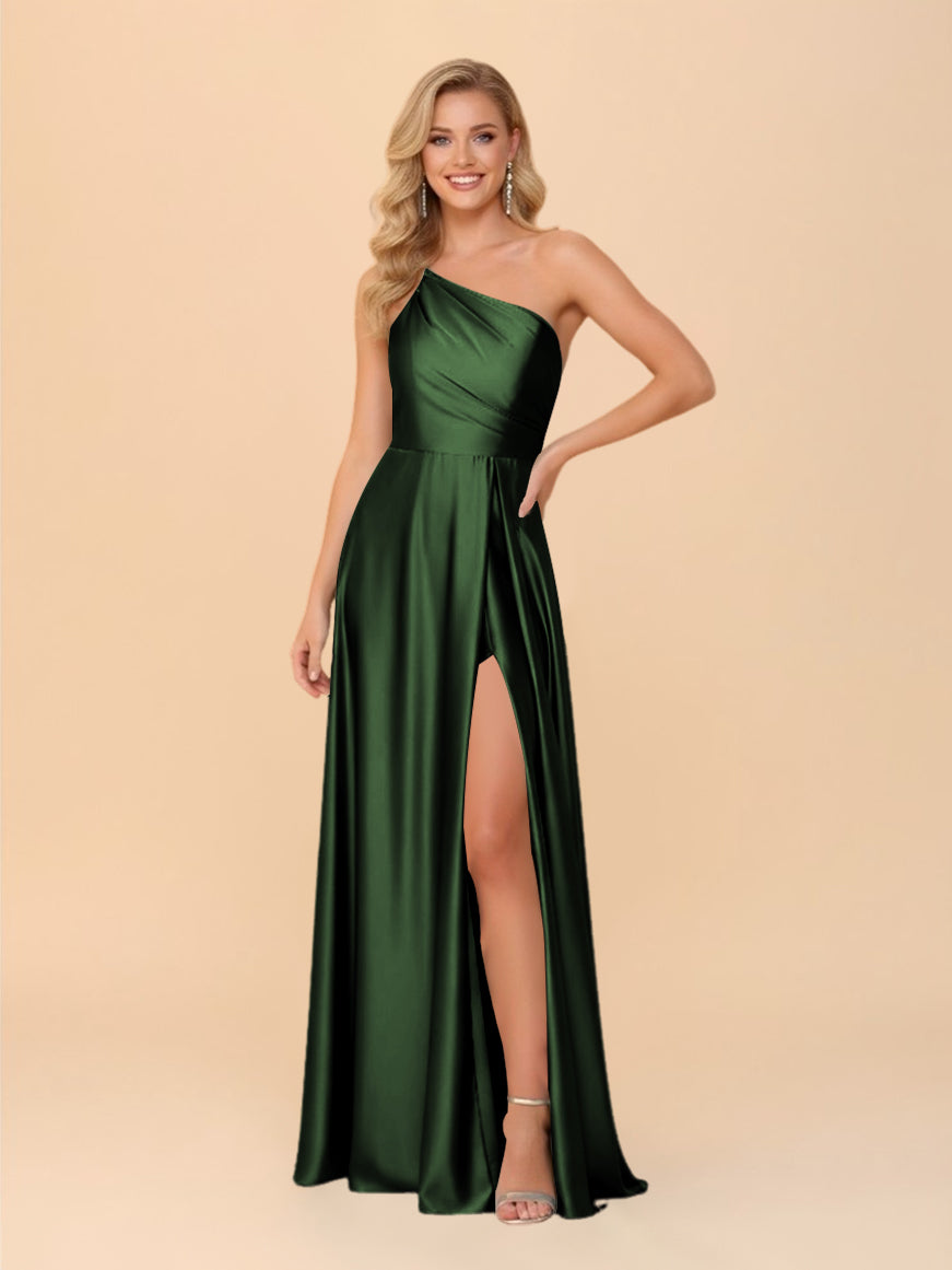One Shoulder A Line Satin Bridesmaid Dresses with Slit