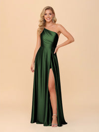 One Shoulder A Line Satin Bridesmaid Dresses with Slit