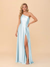 One Shoulder A Line Satin Bridesmaid Dresses with Slit