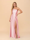 One Shoulder A Line Satin Bridesmaid Dresses with Slit