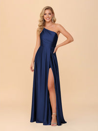 One Shoulder A Line Satin Bridesmaid Dresses with Slit