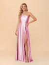 One Shoulder A Line Satin Bridesmaid Dresses with Slit