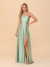 One Shoulder A Line Satin Bridesmaid Dresses with Slit