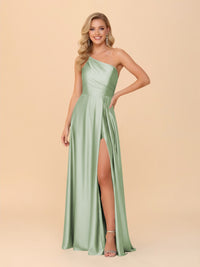 One Shoulder A Line Satin Bridesmaid Dresses with Slit