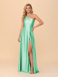 One Shoulder A Line Satin Bridesmaid Dresses with Slit