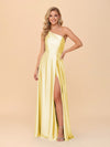 One Shoulder A Line Satin Bridesmaid Dresses with Slit