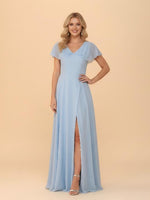Short Sleeves A Line Chiffon Bridesmaid Dresses with Slit