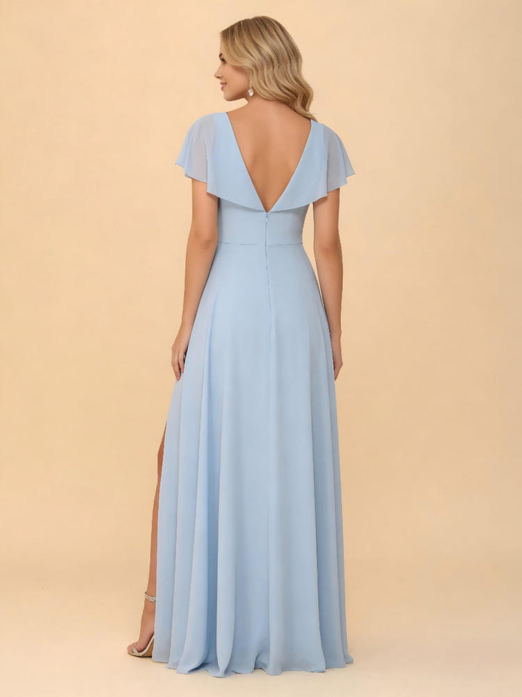 Short Sleeves A Line Chiffon Bridesmaid Dresses with Slit