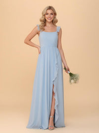 Spaghetti Straps A Line Chiffon Bridesmaid Dresses with Slit