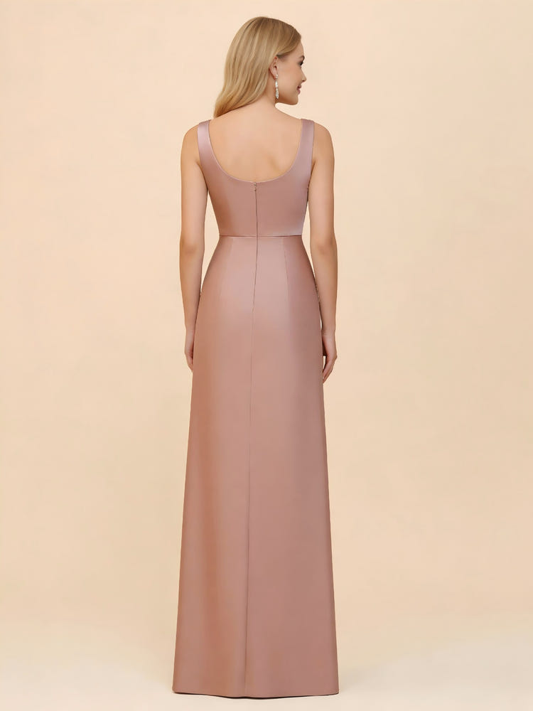 Square Neck Mermaid Satin Bridesmaid Dresses with Slit