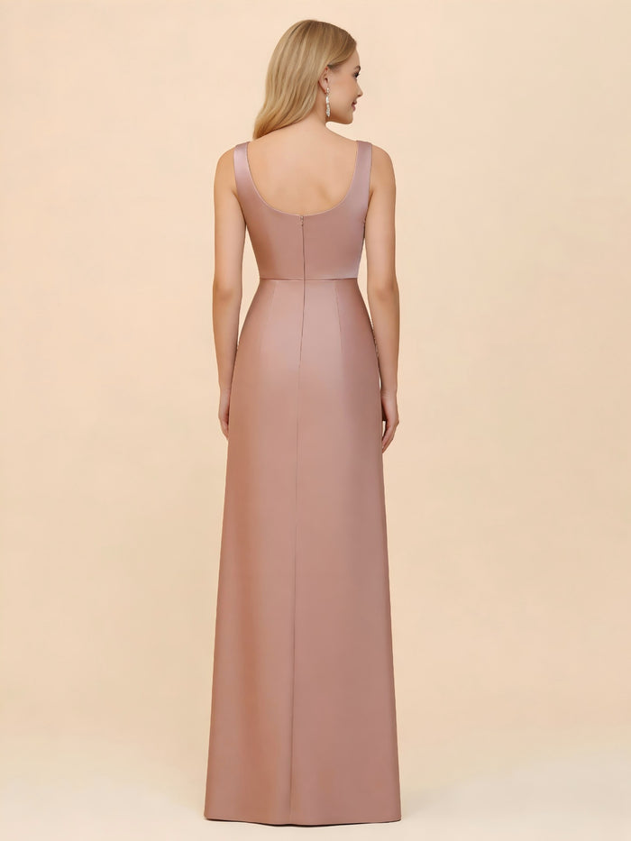 Square Neck Mermaid Satin Bridesmaid Dresses with Slit