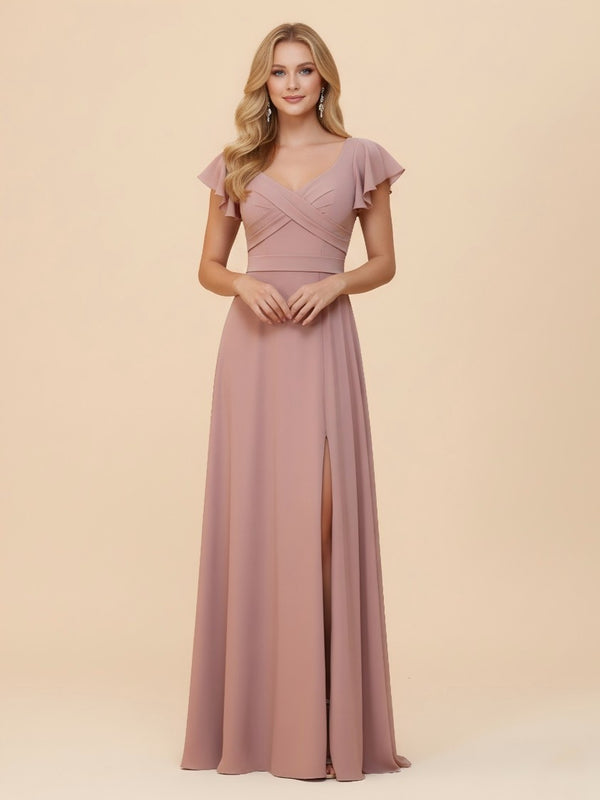 Short Sleeves Chiffon Bridesmaid Dresses with Slit