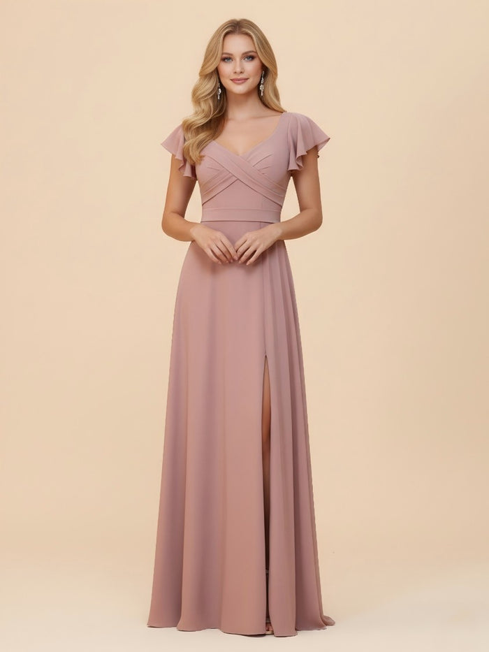 Short Sleeves Chiffon Bridesmaid Dresses with Slit