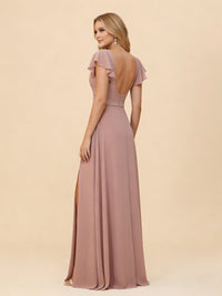 Short Sleeves Chiffon Bridesmaid Dresses with Slit